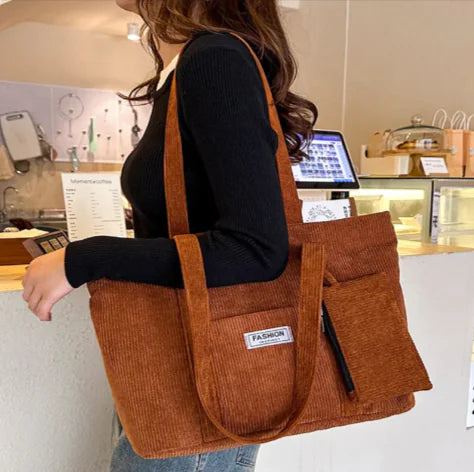 Corduroy Schultertasche mit Mini-Geldbörse