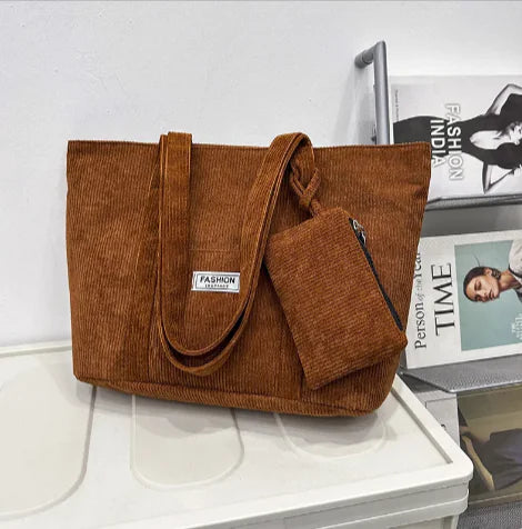Corduroy Schultertasche mit Mini-Geldbörse